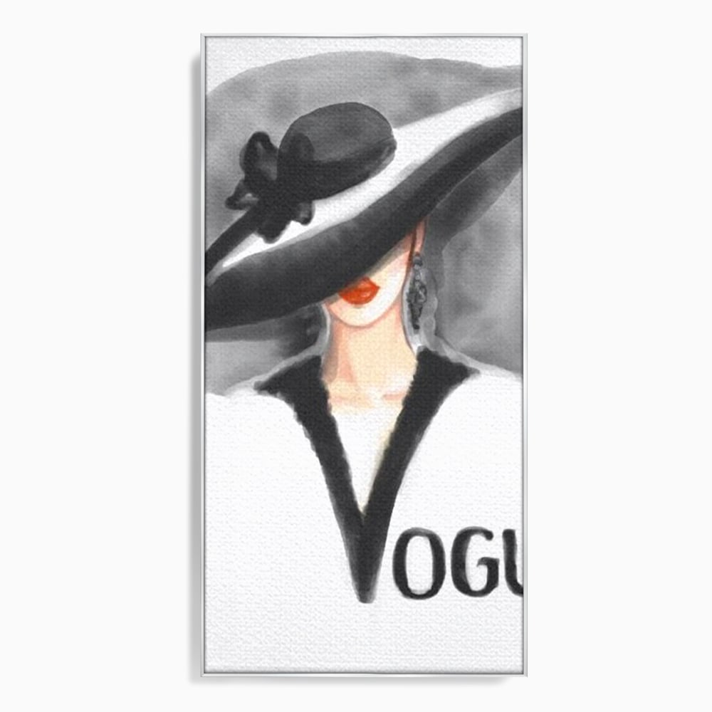 Tablou canvas cu ilustratie cu femeie purtand palarie, in rama de aluminiu argintiu